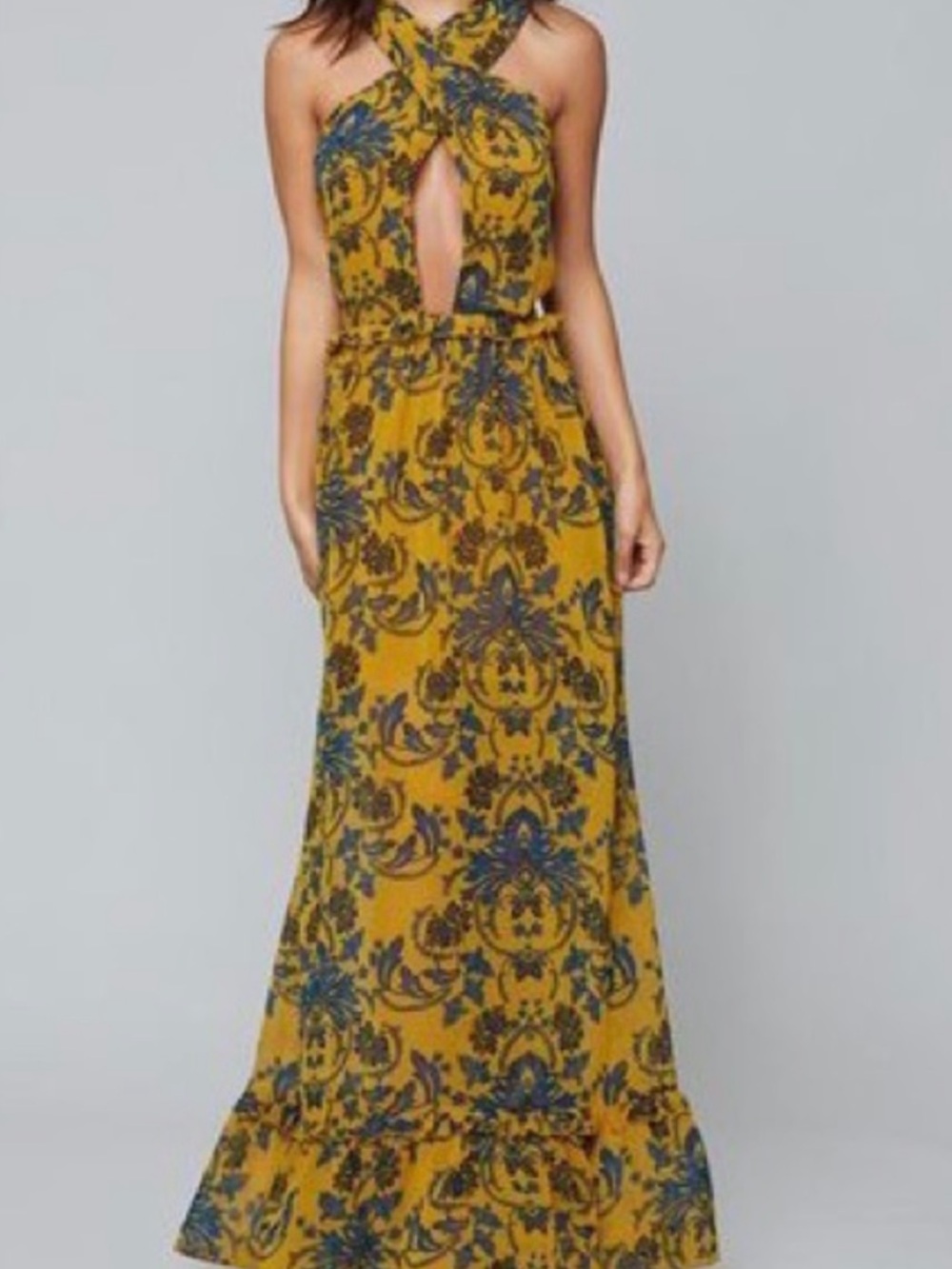 Mustard Yellow Floral Maxi Dress with Cross-Front Detail - Picture 6 of 11